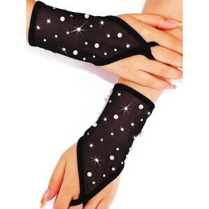 Women's Fingerless Sheer Rhinestone Pearl Short Black Gloves Opera Party Tea